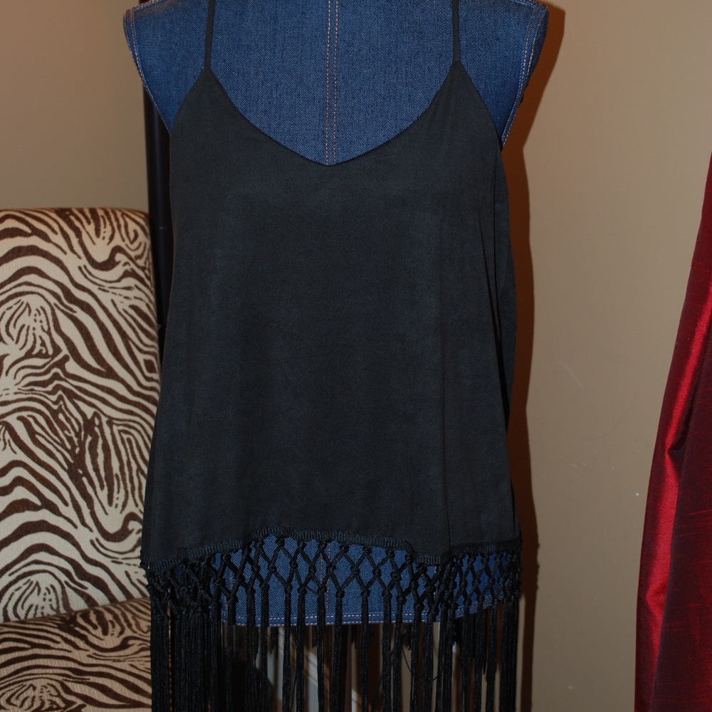 Faux suede spaghetti strap top with fringe bottom